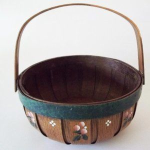 Vintage Round Splint Wood Basket, Hand Painted Oak / Ash, Swing Handle, Signed